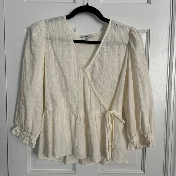 Madewell | Embroidered Eyelet Puff-Sleeve Peplum Wrap Top - Picture 2 of 9